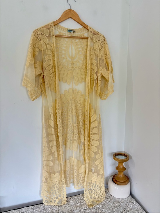 Rebellion Again Tops - REBELLION AGAIN Sm Sheer Embroidery Yellow Kimono Mesh 43” L Boho Festival Beach